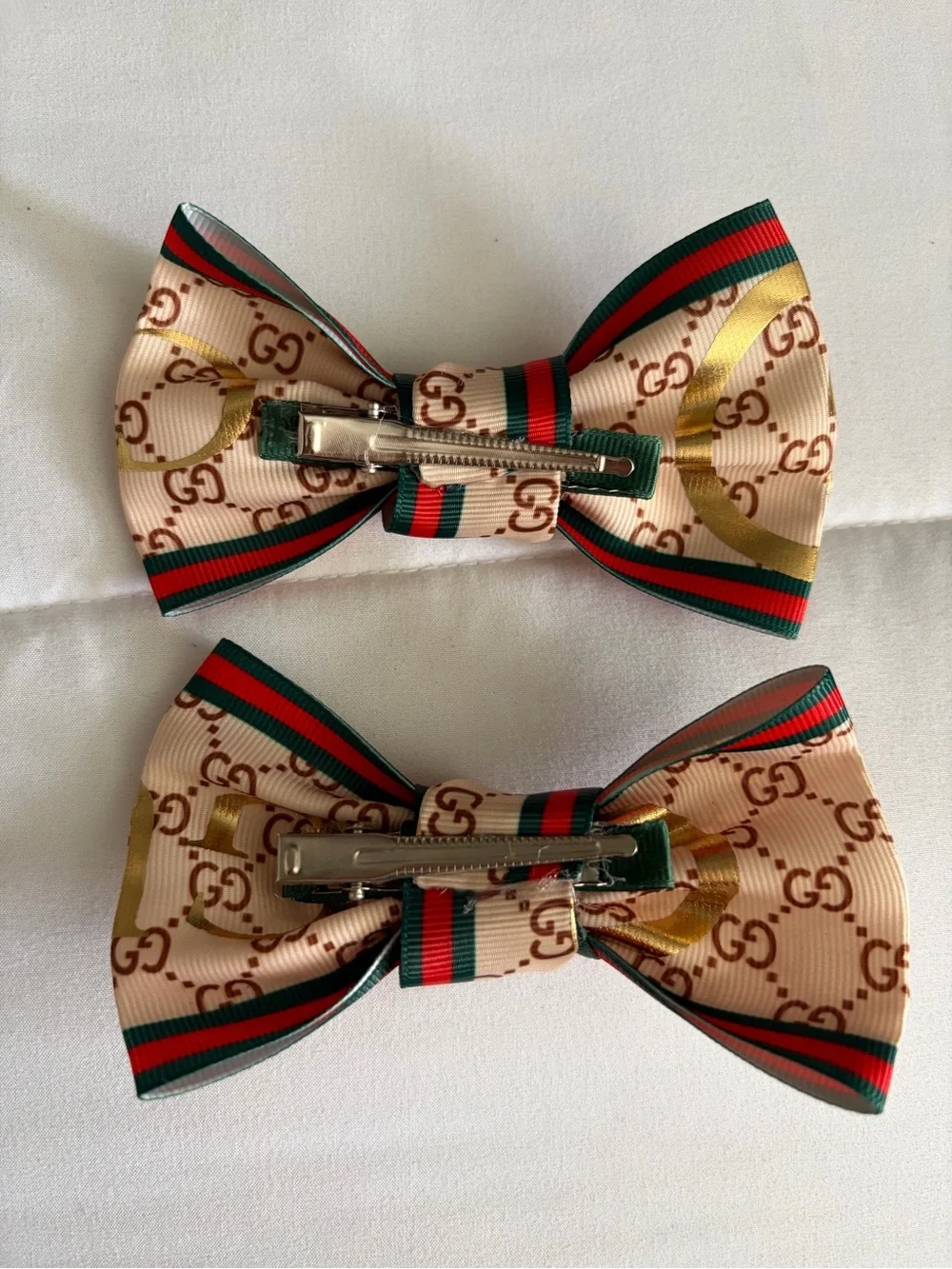 Designer-Inspired Beige Bow Hair Clips with Red & Green Trim